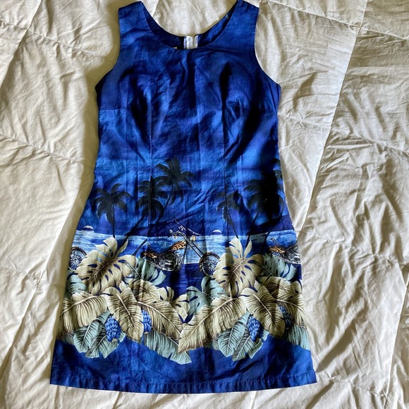 Pacific Legend VTG Hawaii Mini Dress Womens M Chopper Motorcycle Blue Cotton USA - Picture 2 of 14